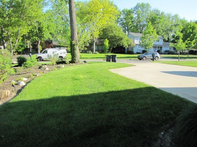 Suburban front yard with green lawn, driveway, trees, parked cars, and house in the background