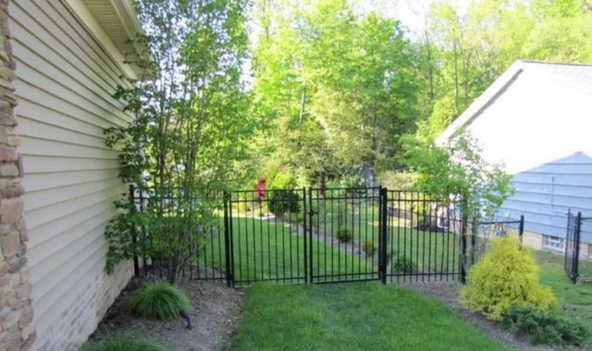 Black metal gate in a green backyard between two houses, with trees and shrubs behind it.