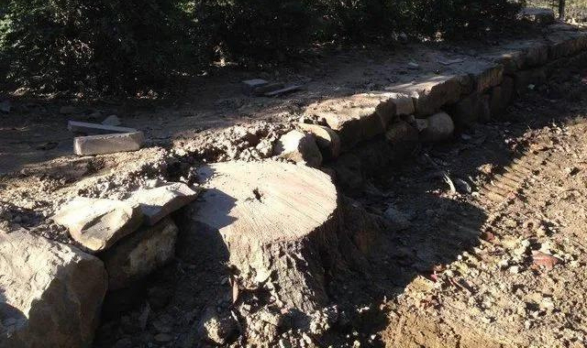 Rocky dirt path with a low stone border beside a rough concrete slab in a shaded outdoor area
