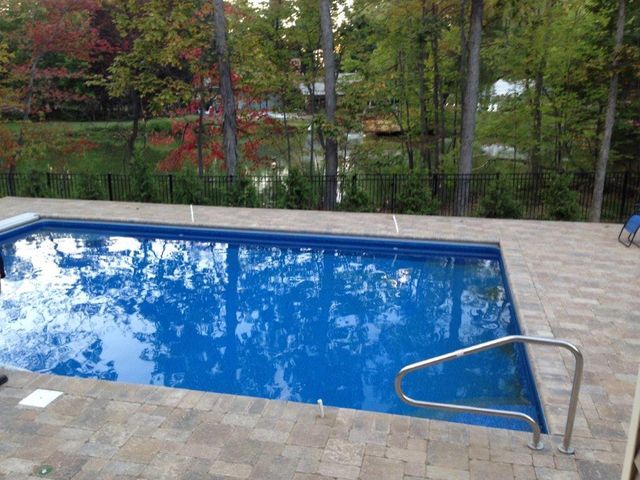 Backyard swimming pool with blue water, stone deck, and trees in the background