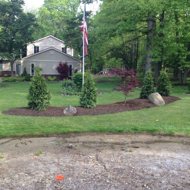 Suburban front yard with landscaped mulch beds, trees, and a house in the background.