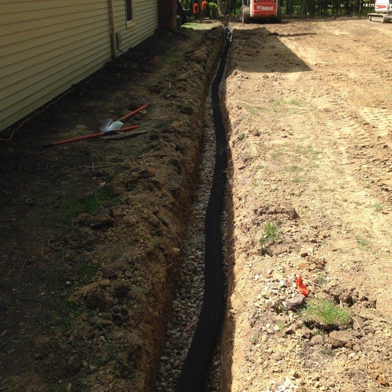 Freshly dug trench runs along a house beside a dirt path and construction area.