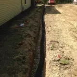 Narrow dirt trench along a building beside a sandy yard, with sparse plants and scattered debris.