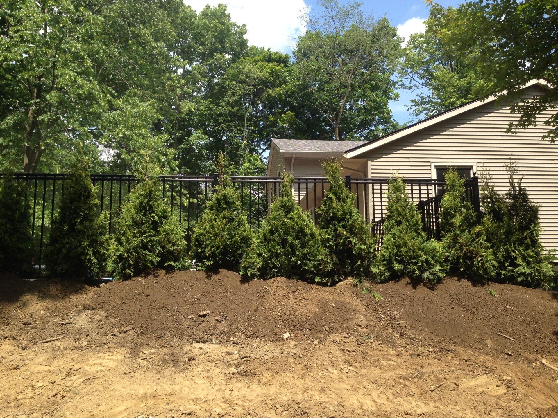 Freshly landscaped dirt slope below a black fence and green trees beside a beige house.