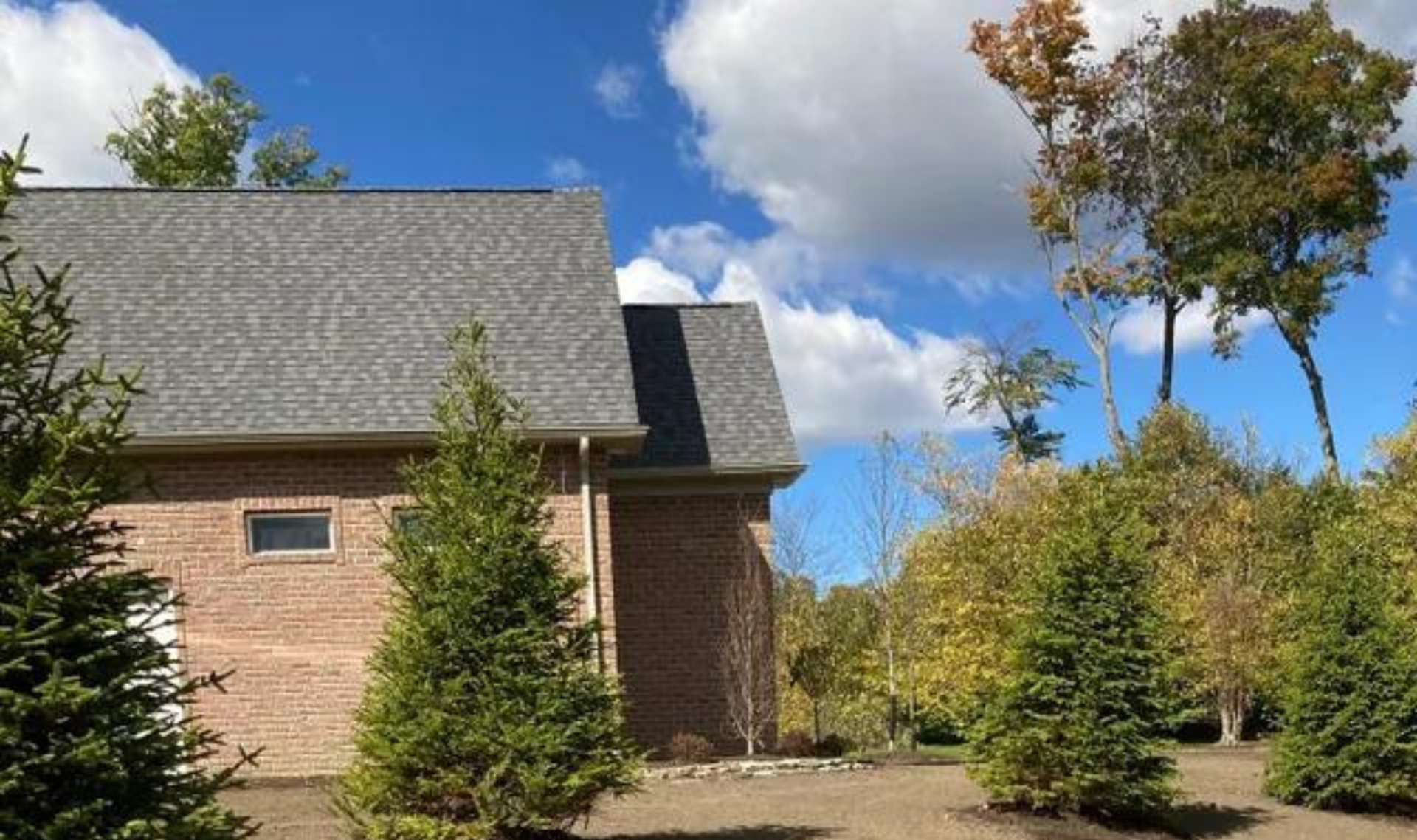 Brick house with gray roof beside evergreen shrubs under a bright blue sky with clouds