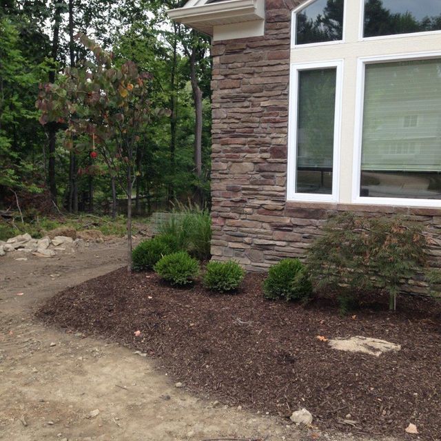 Landscaped front corner of a house with stone siding, windows, mulch bed, shrubs, and bare dirt yard.