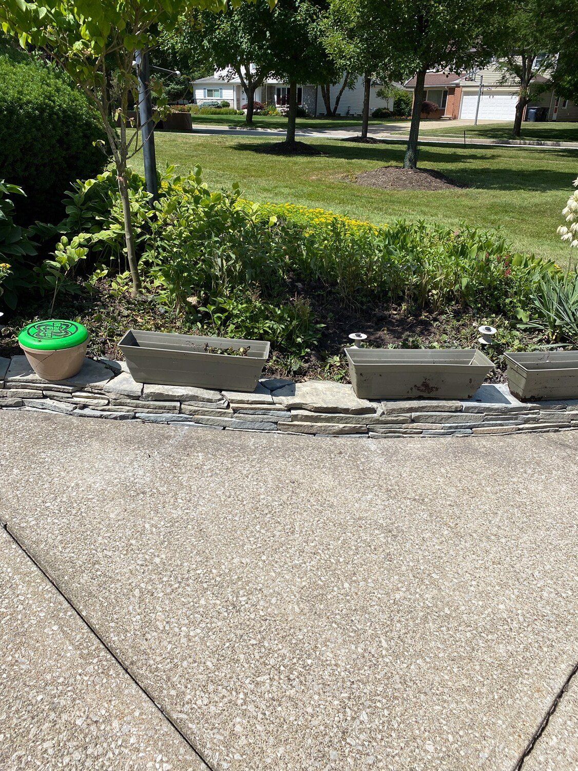 Sunny garden patio with stone edging, potted plants, and a grassy park beyond