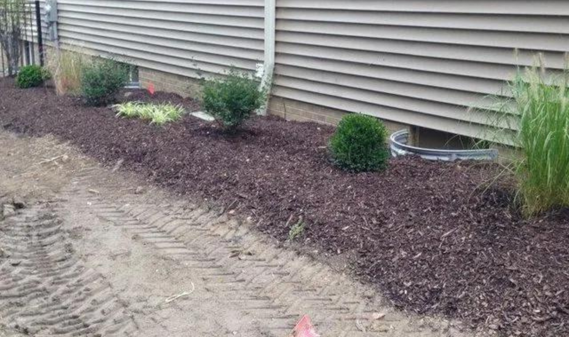 Freshly landscaped garden bed with small shrubs and mulch along a house siding