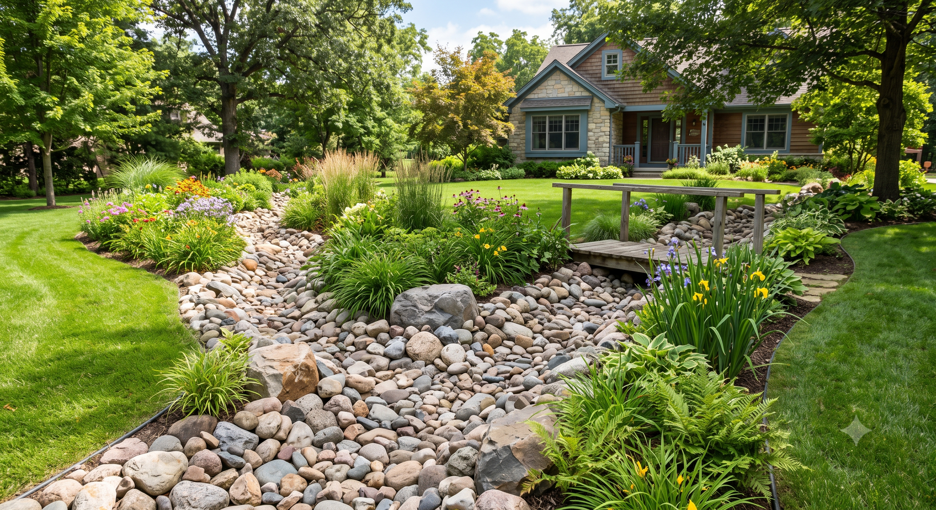 Dry creek bed swale installed as a yard drainage solution