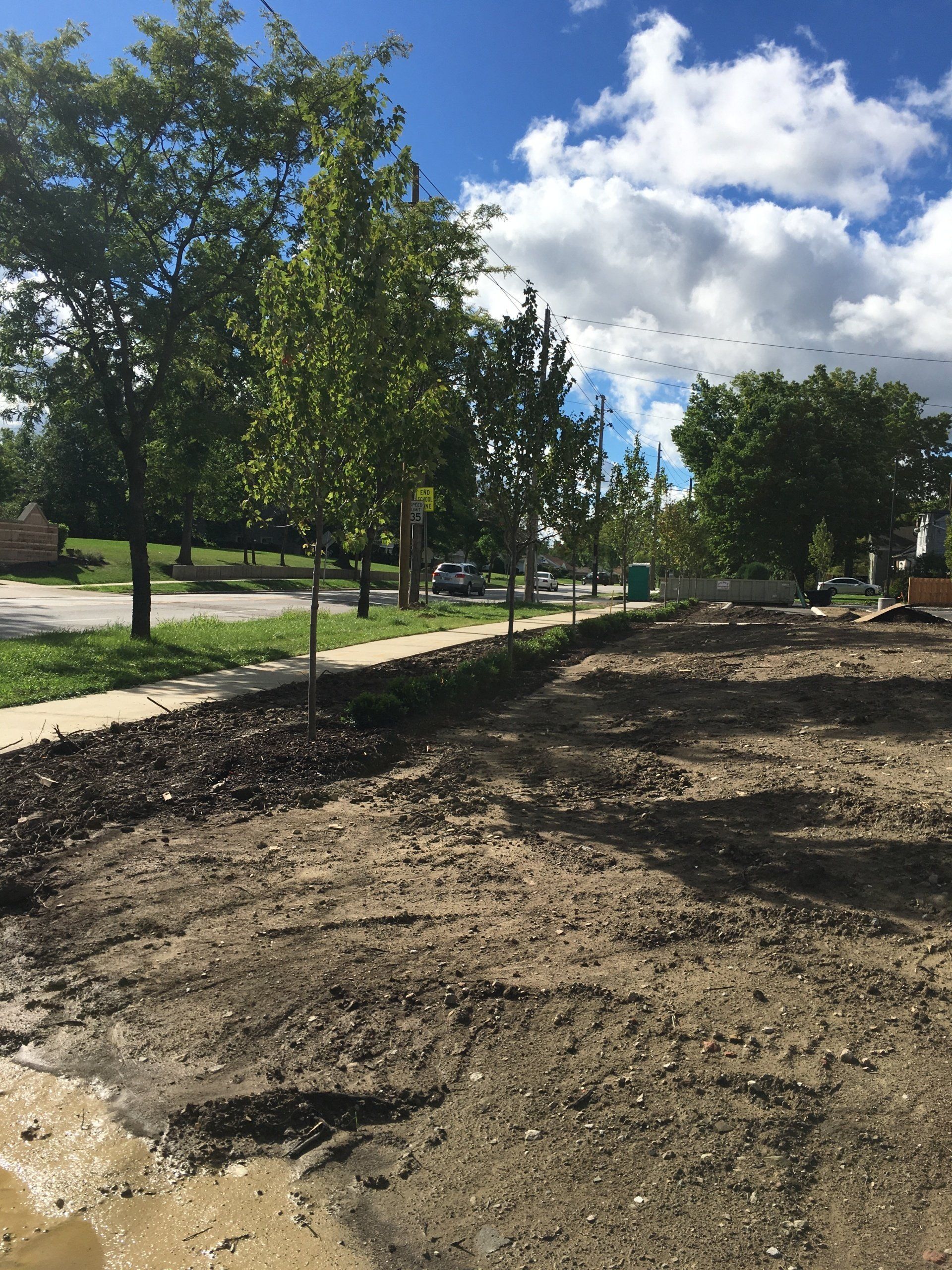Tree-lined park path under construction with dirt and gravel beside a sidewalk, under a partly cloudy sky