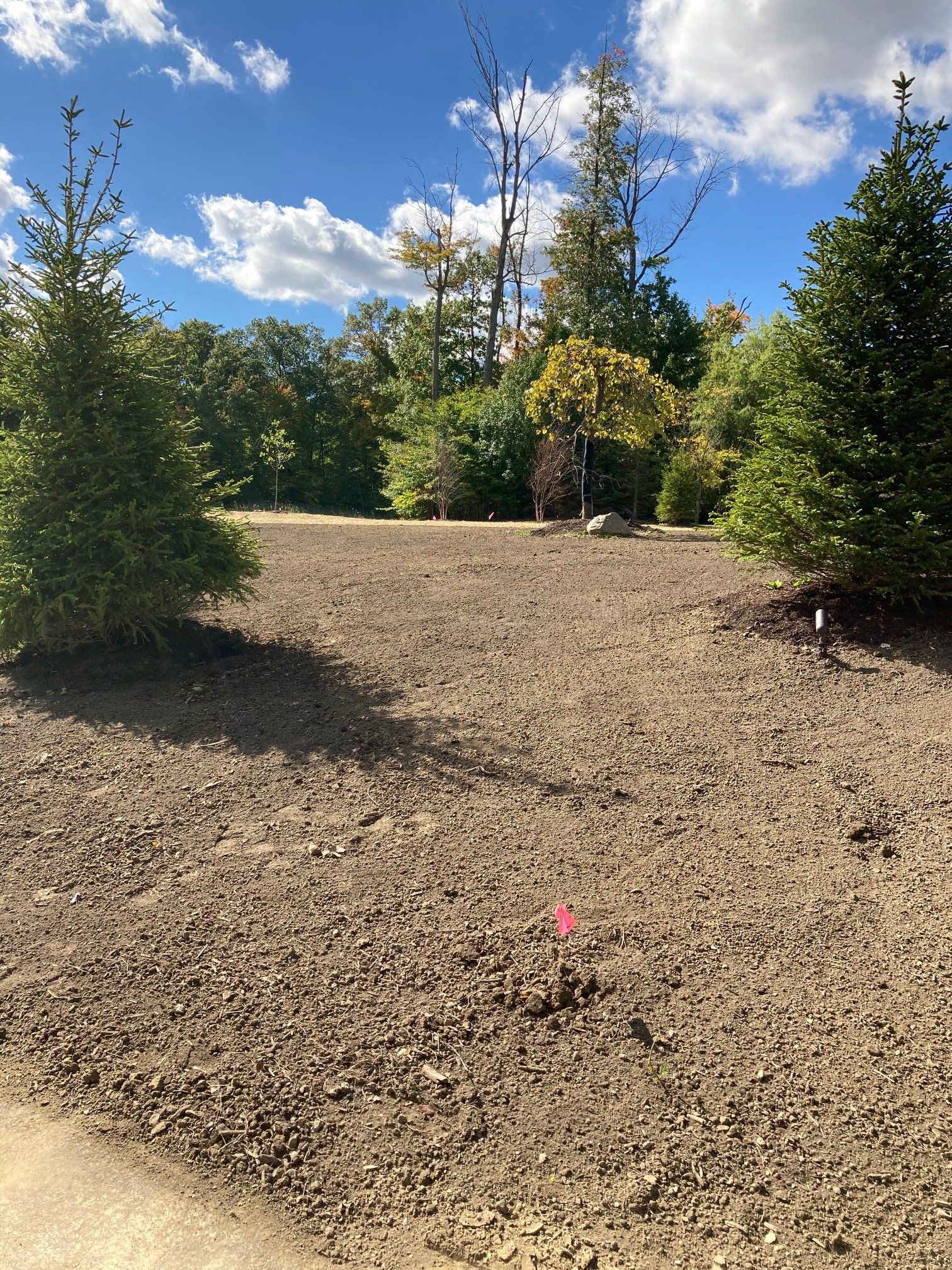 Landscaped yard with gravel, green shrubs, and a blue sky with scattered clouds.