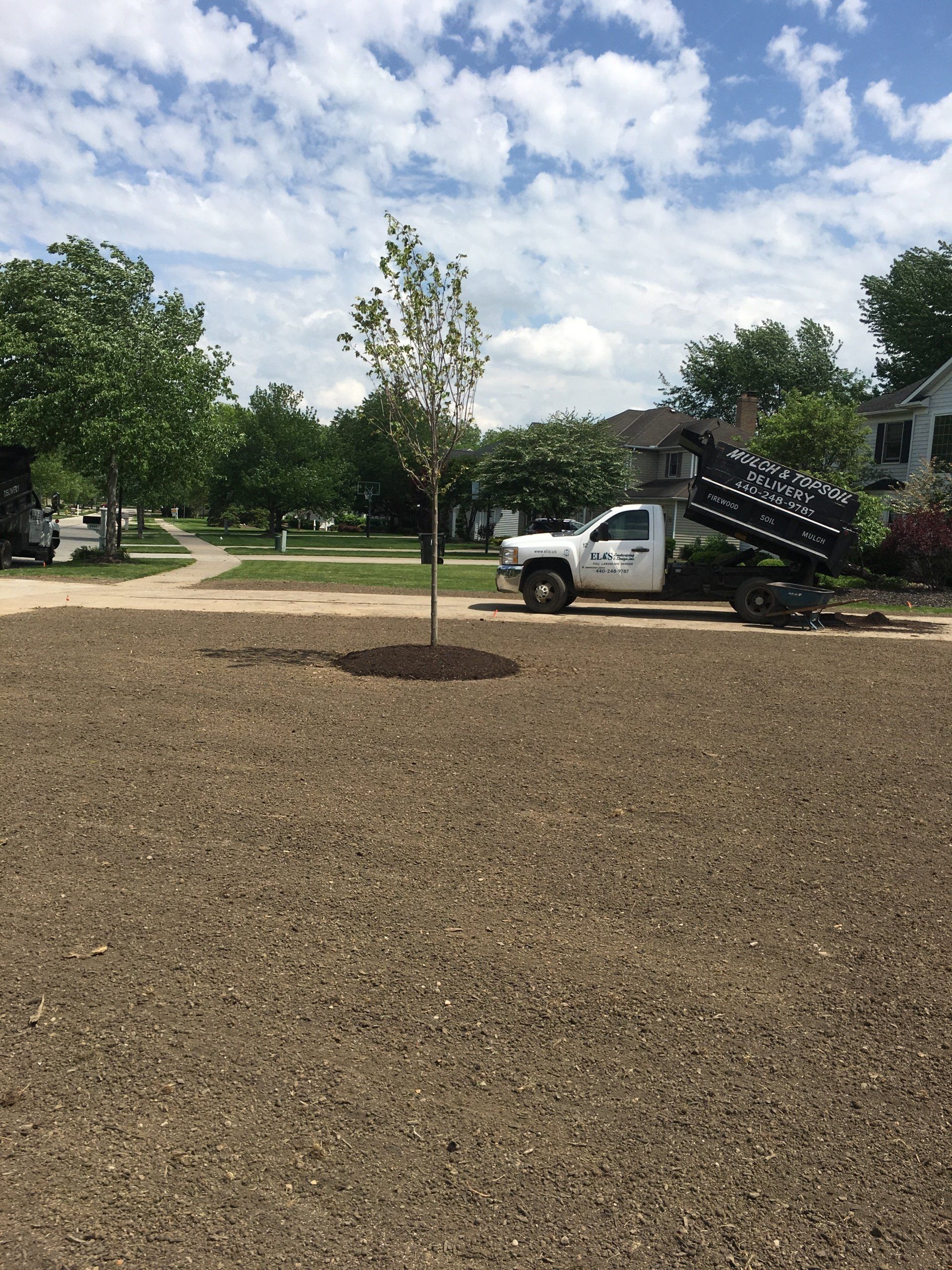 White utility truck parked beside a young tree in a mulched park or yard under a partly cloudy sky