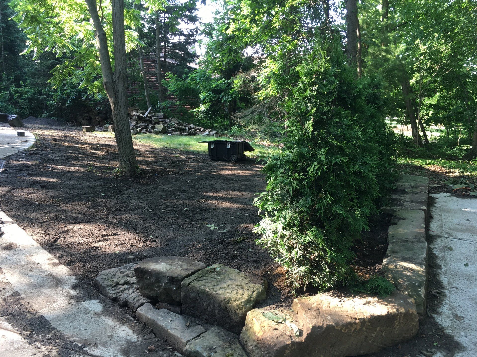 Shaded park path with stone edging, a small tree, and a black grill or bin in the background