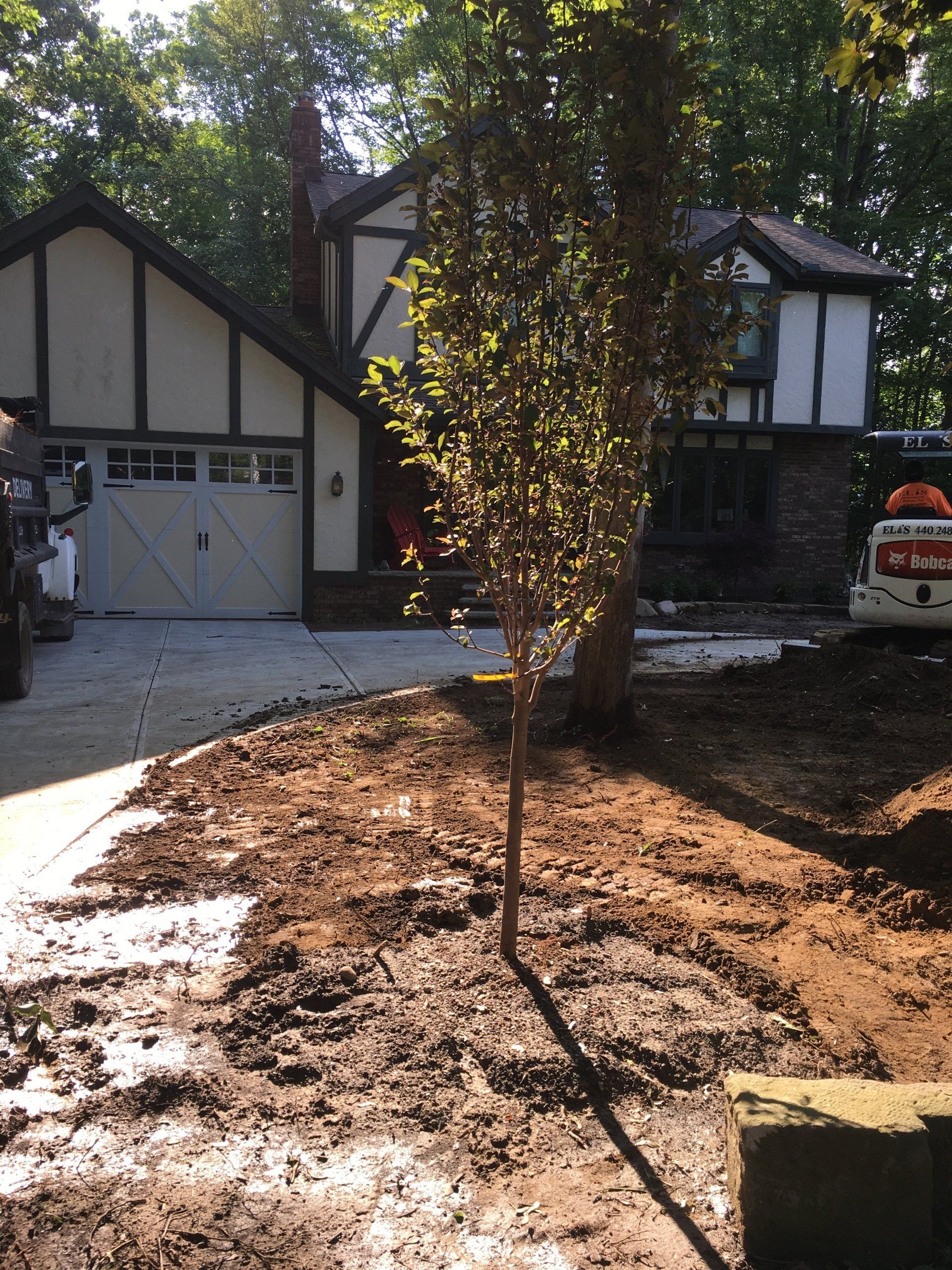 Front yard under construction with a young tree, dirt mound, and Tudor-style house in the background