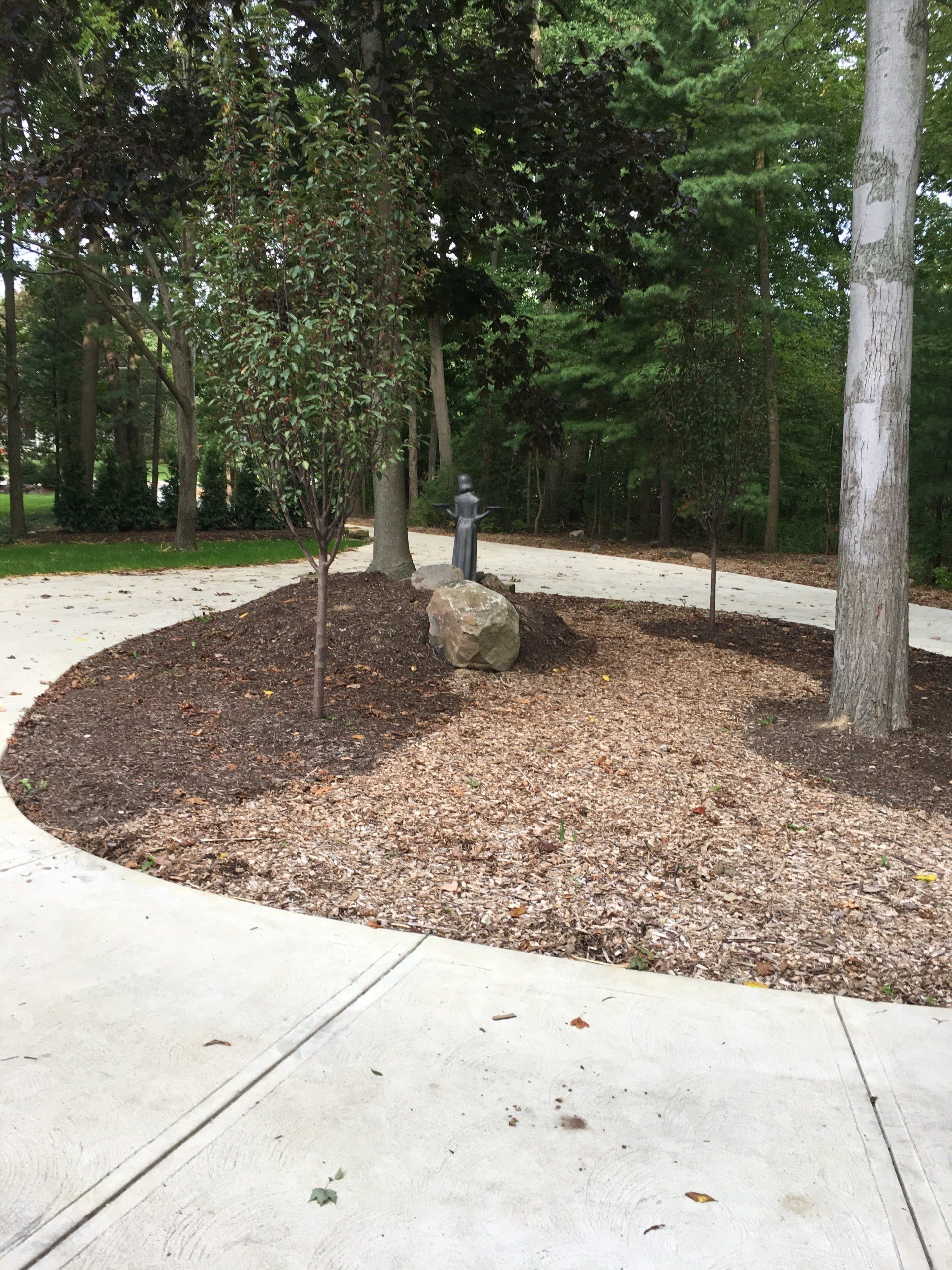 Wooded park path with curved concrete walkway, mulch bed, rocks, and trees