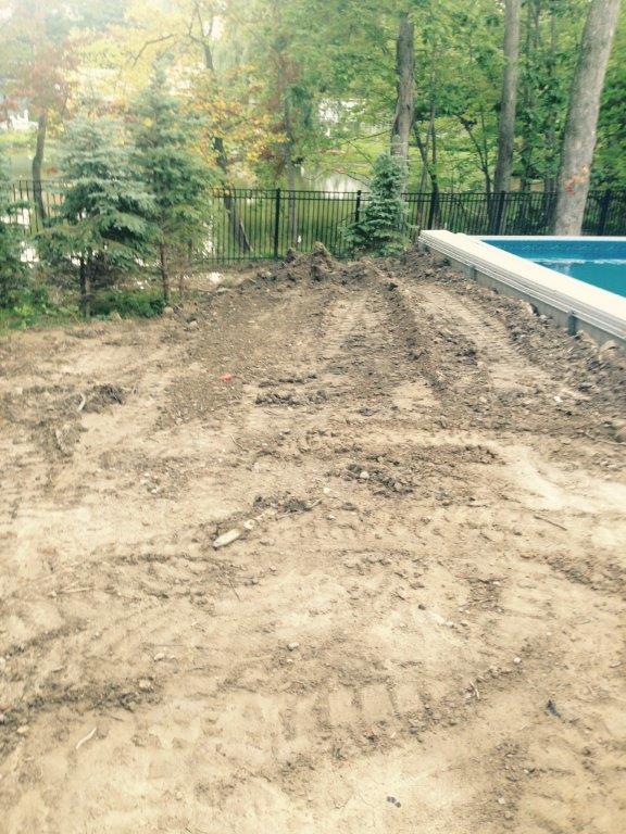 Dirt-covered backyard slope beside a swimming pool, with trees and a fence in the background