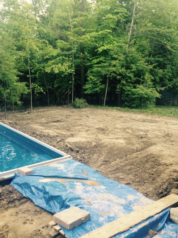 Swimming pool beside a bare dirt yard and wooded tree line, with a blue tarp and pavers in the foreground