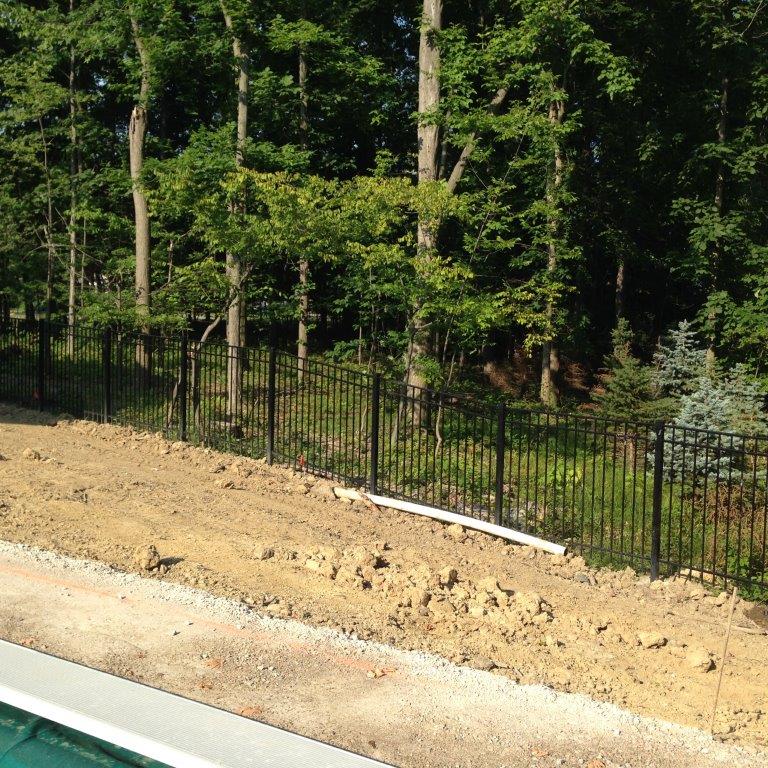 Dirt road beside a black metal fence with dense green trees beyond.