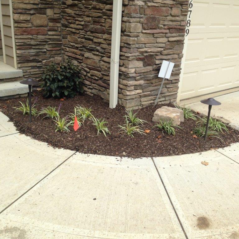Front yard landscaping with small plants, mulch bed, stone wall, and garage door beside a sidewalk
