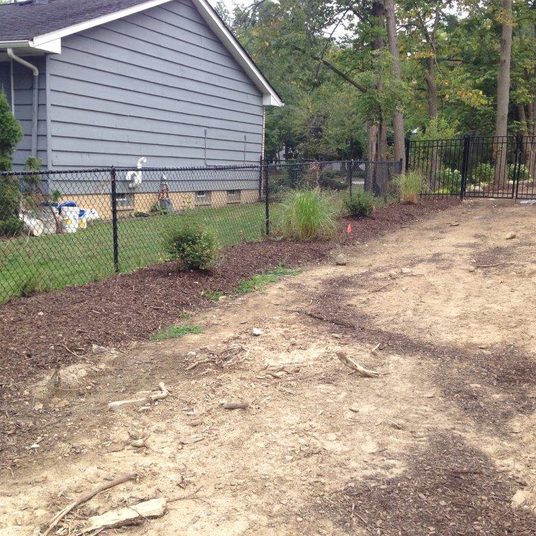Backyard with bare dirt and mulch beds beside a gray house and chain-link fence