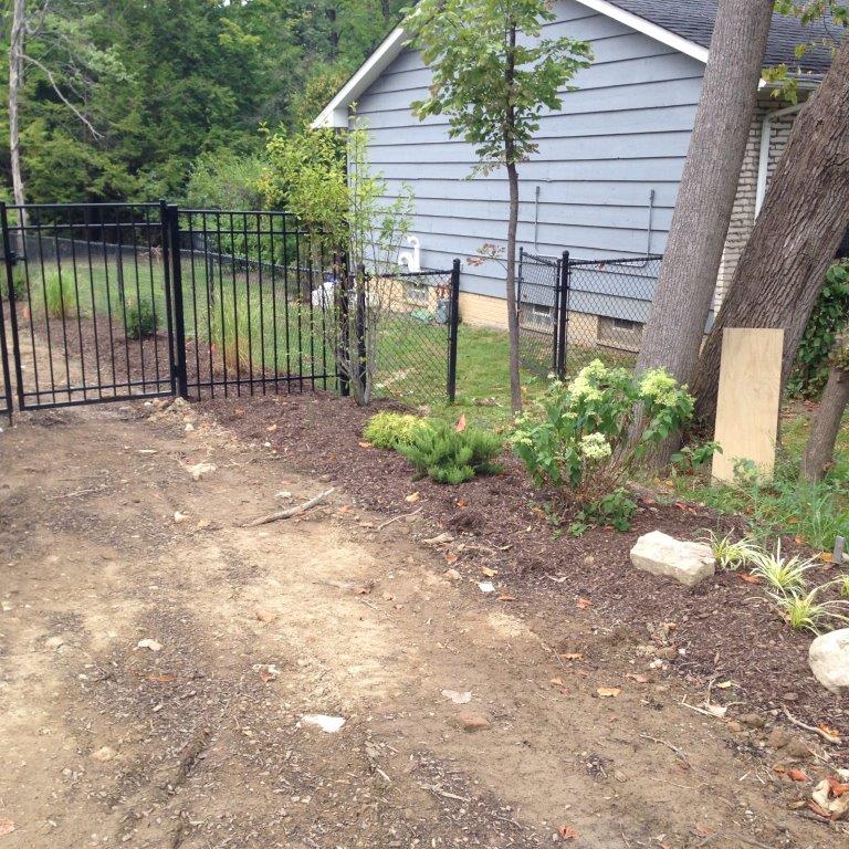 Dirt path beside a black metal gate, with small plants, a tree, and a blue house in the background