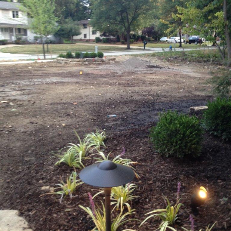 Bare dirt yard with newly planted shrubs, a garden light, and a quiet residential street in the background