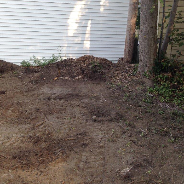 Dirt mound beside a white house exterior and two tree trunks in a yard