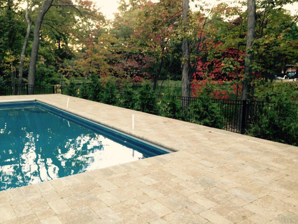 Outdoor swimming pool beside a beige stone deck, bordered by a black fence and leafy trees in autumn colors.