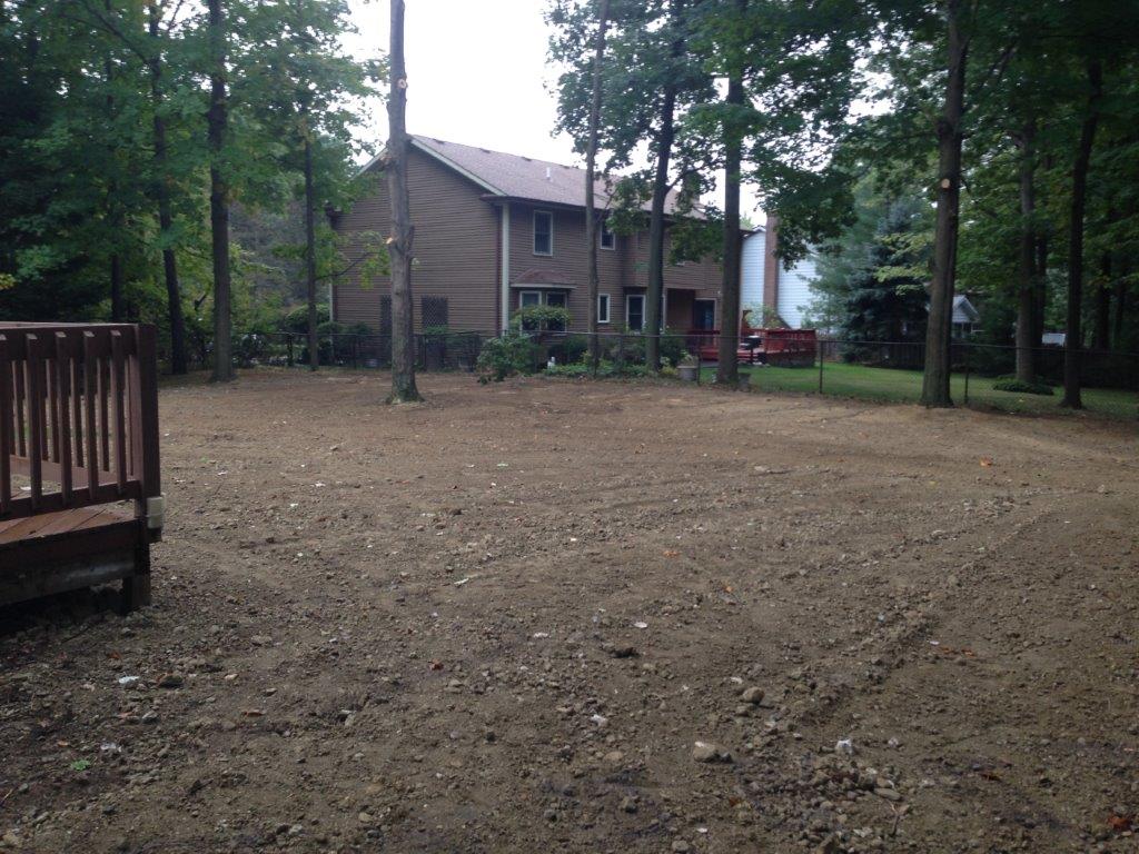 Wooded backyard with a small house, bare dirt ground, and a wooden deck on the left