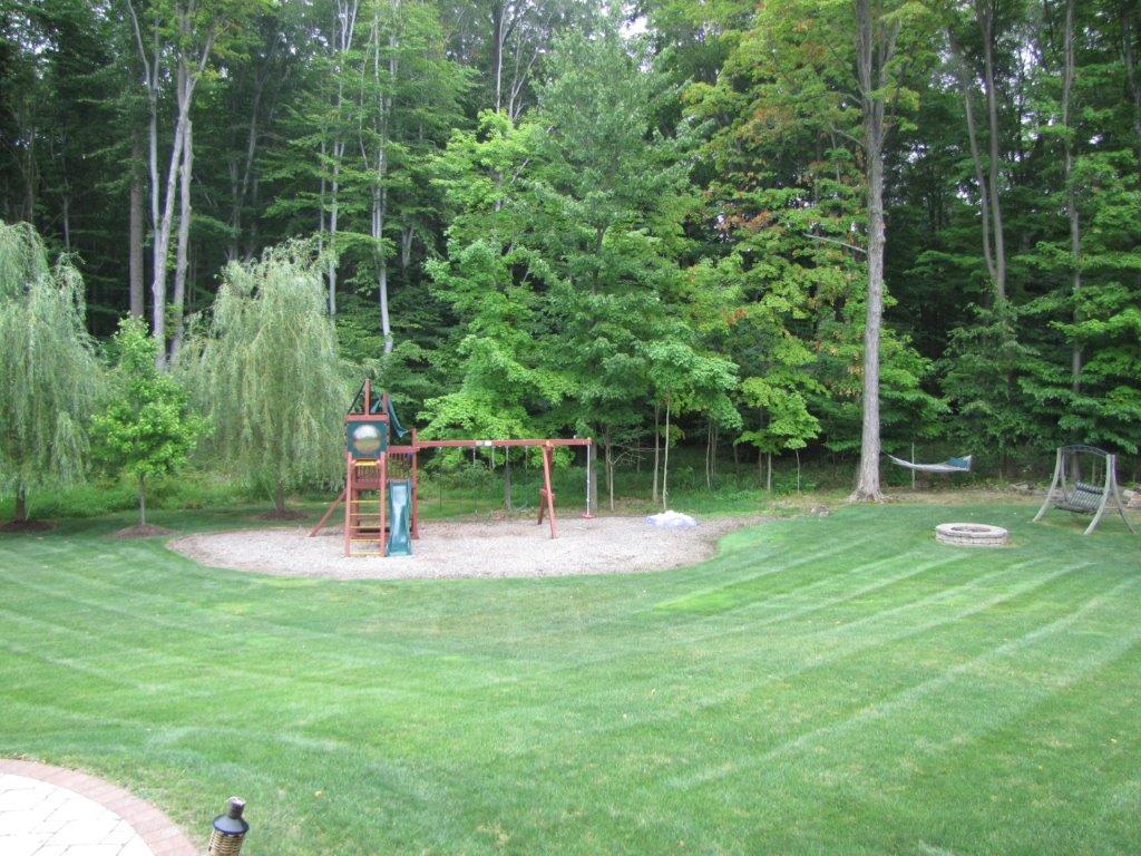 Grassy backyard with a small playground set and surrounding trees
