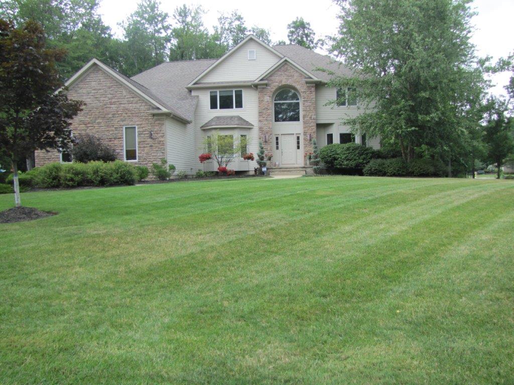 Large stone suburban house with a well-kept green lawn and trees in front