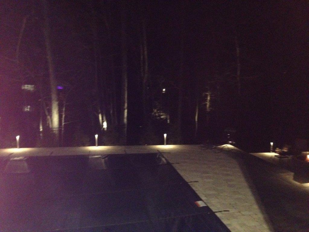 Dimly lit outdoor pool at night with surrounding trees and pathway lights.