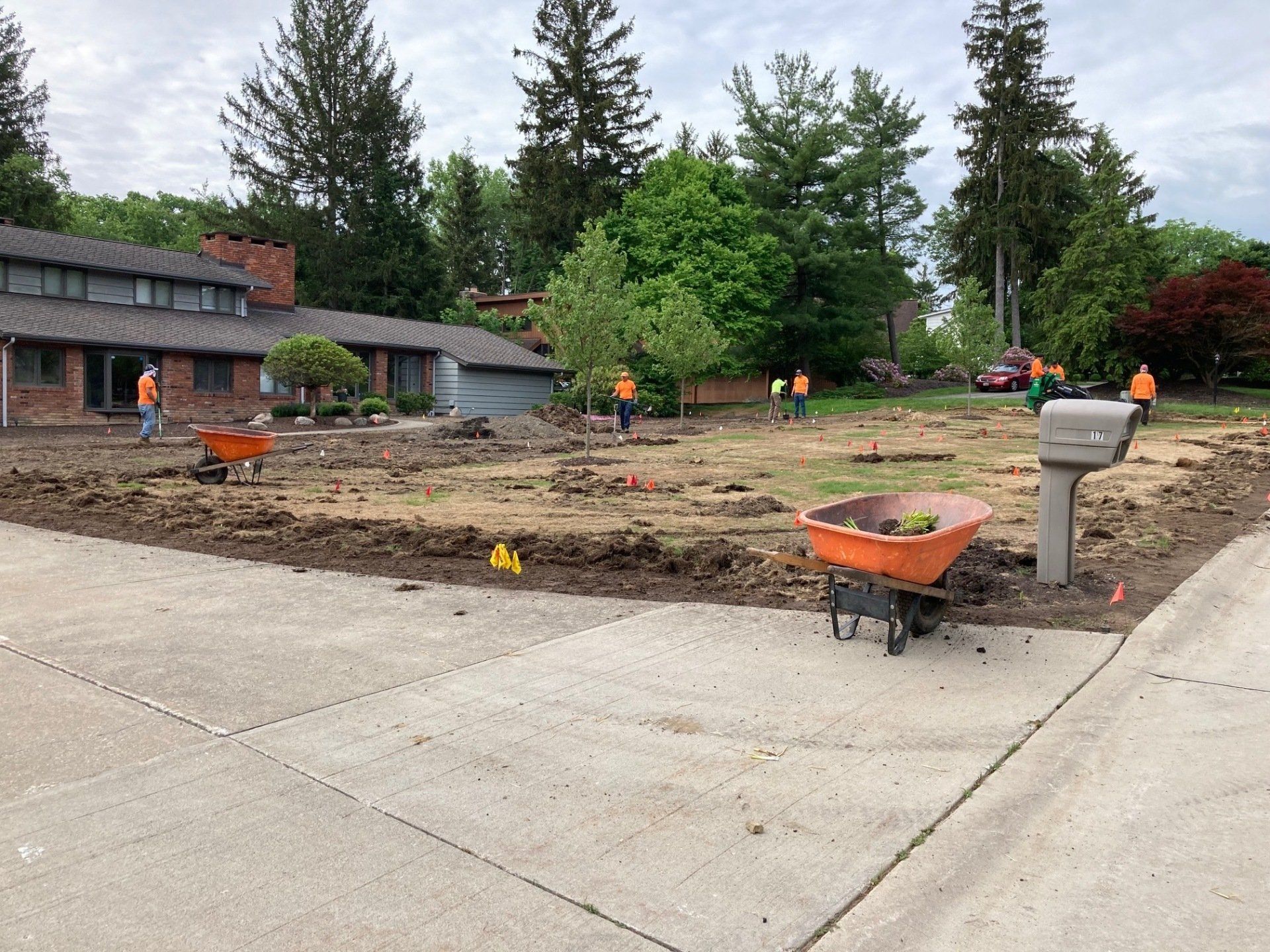 Landscaped front yard under construction with workers, wheelbarrows, and a driveway beside a house