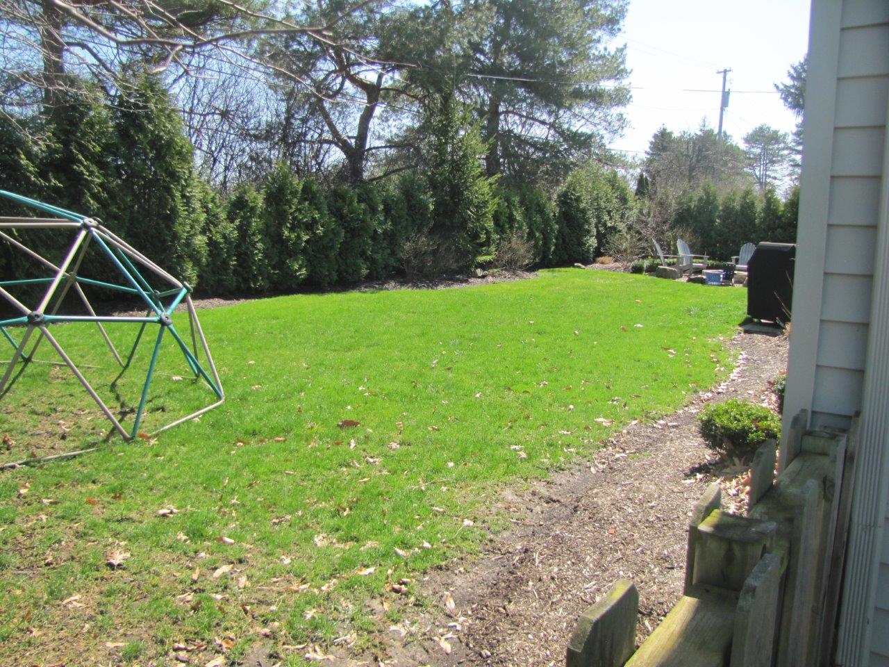 Sunny backyard with green lawn, trees, shrubs, and a gravel path beside a house.