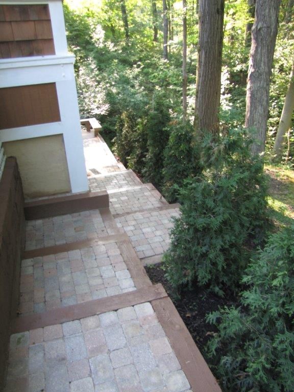 Stone steps beside a building descend through a wooded hillside path.