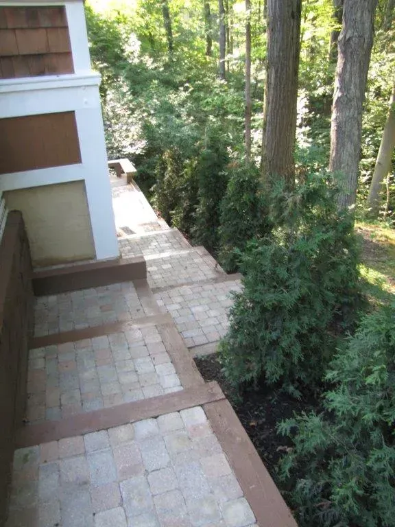 Stone walkway beside a house along a wooded slope with tall trees and greenery