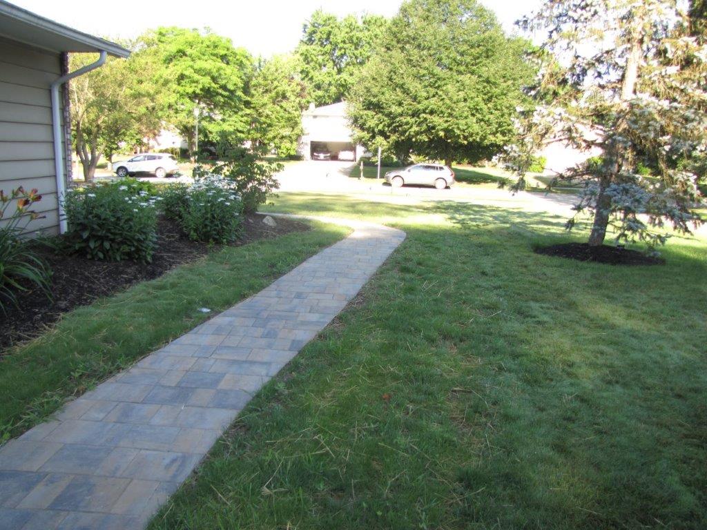 Curved stone walkway through a grassy front yard toward houses and parked cars under trees