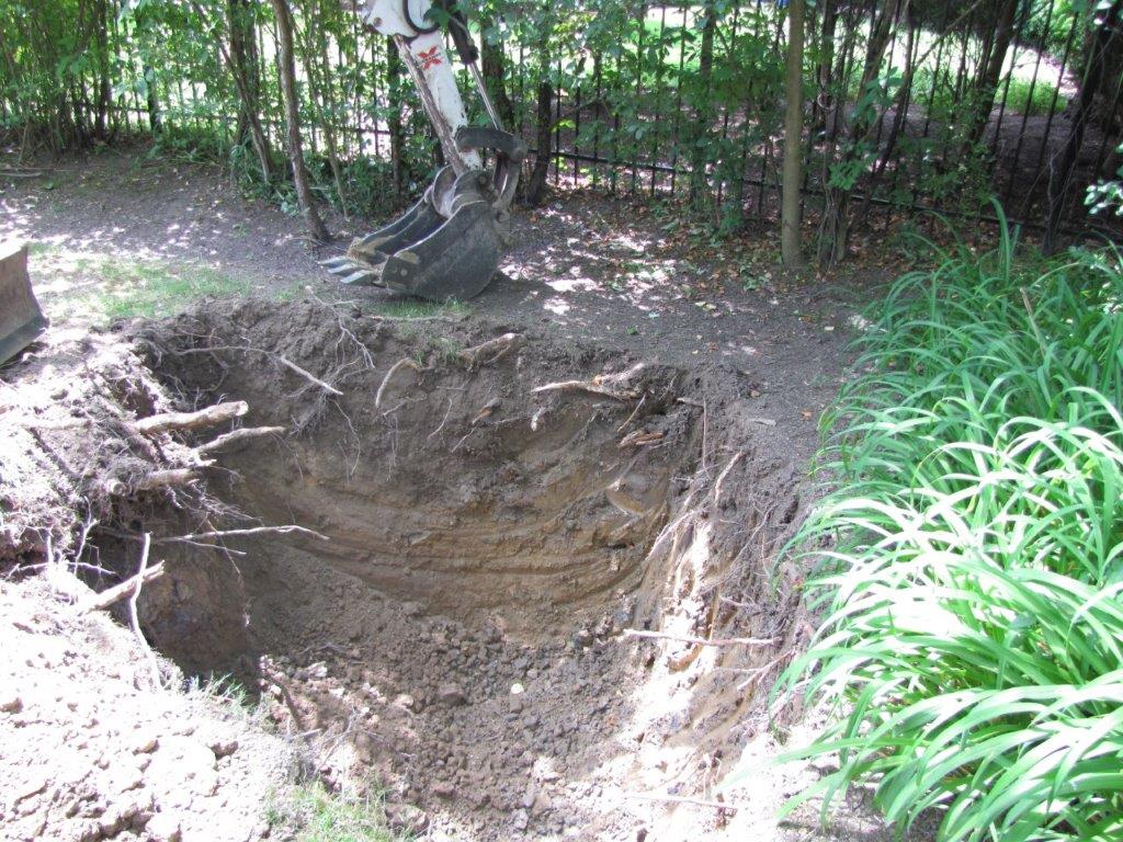 Large dirt pit with exposed roots in a wooded area, surrounded by grass and trees.