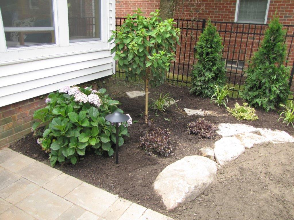 Small landscaped garden bed beside a house with shrubs, a tree, stepping stones, and a path light