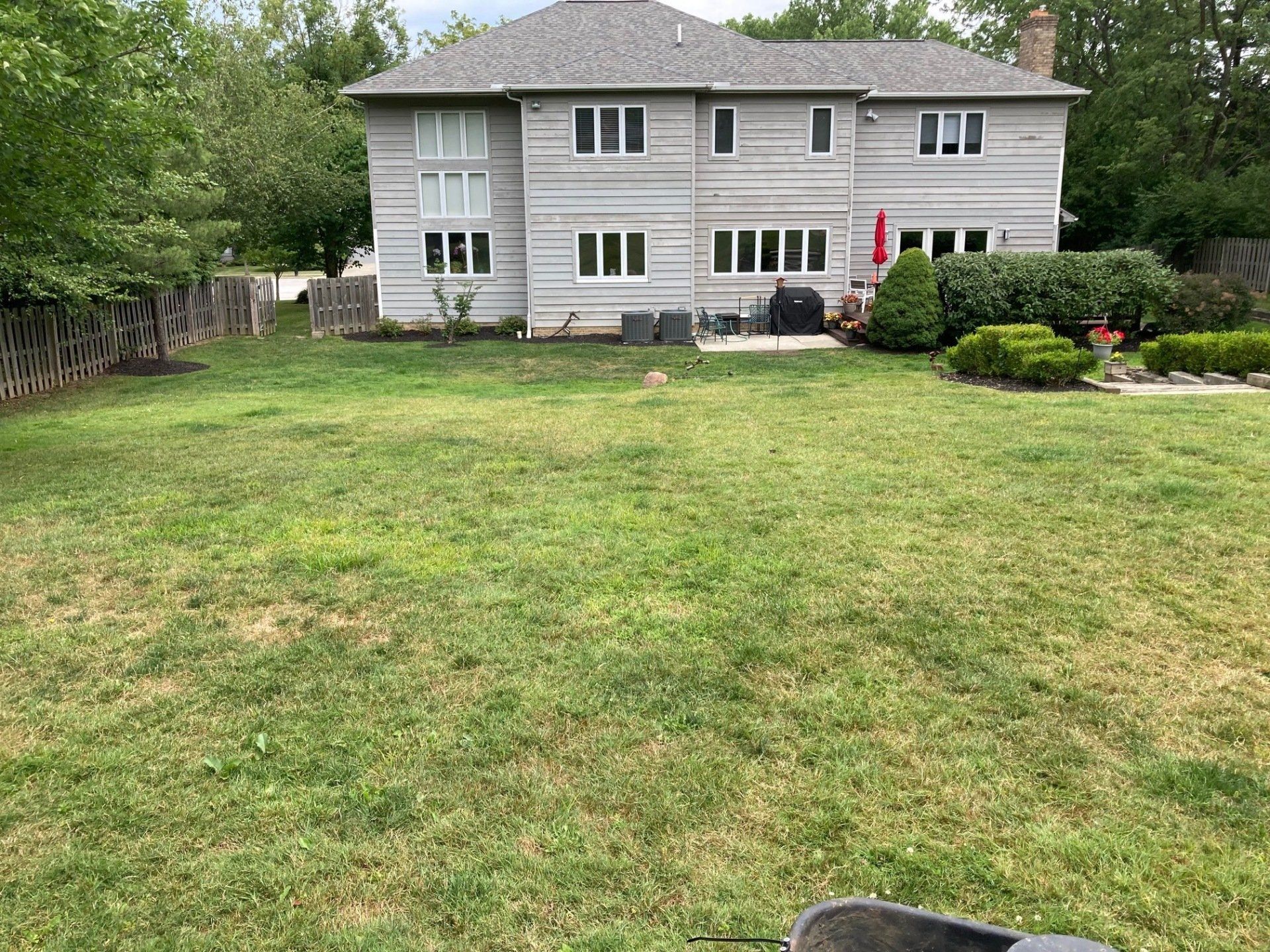 Backyard with a large lawn and a gray two-story house in the background