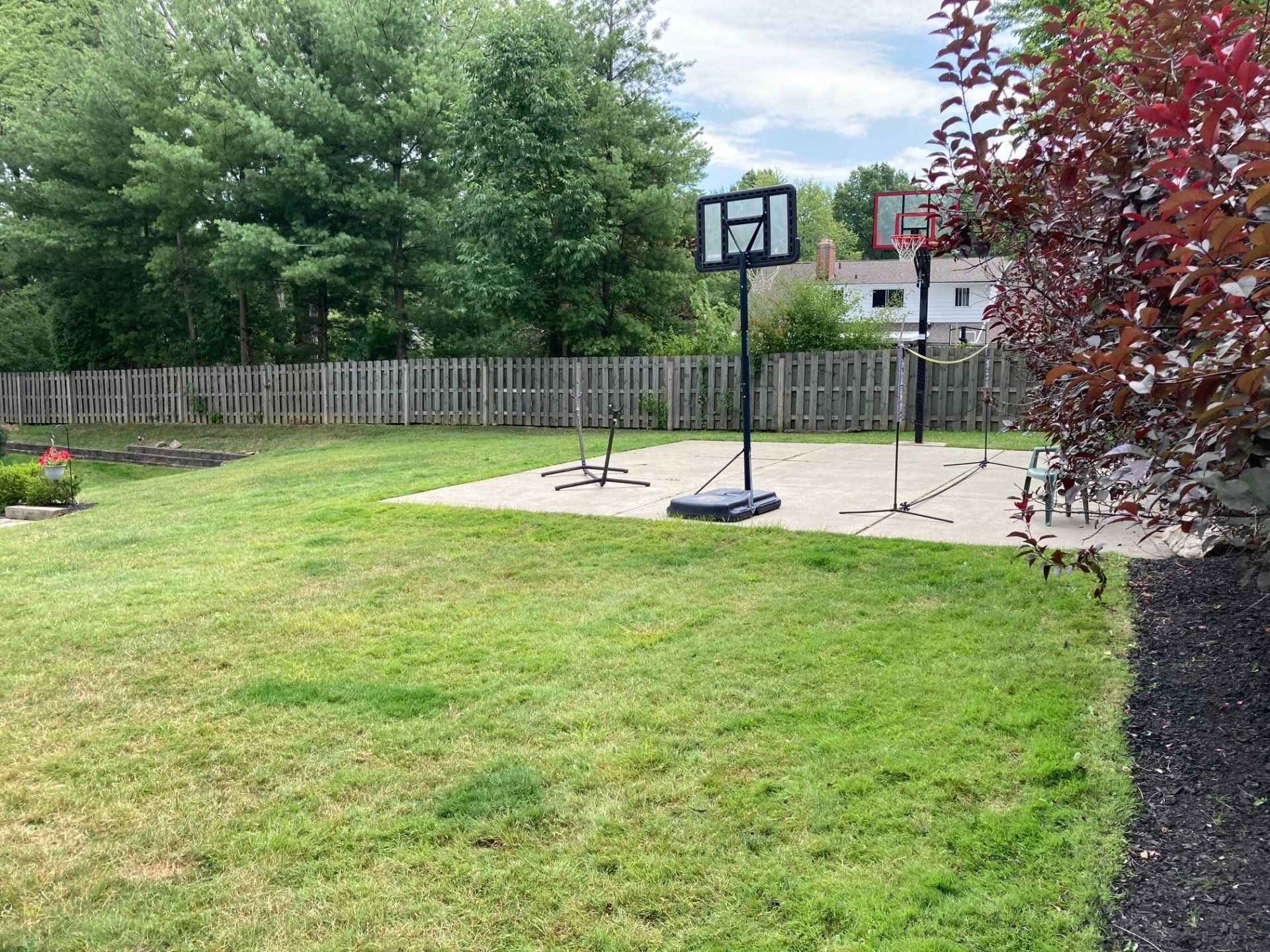 Backyard with portable basketball hoop on a concrete pad, green lawn, fence, and trees