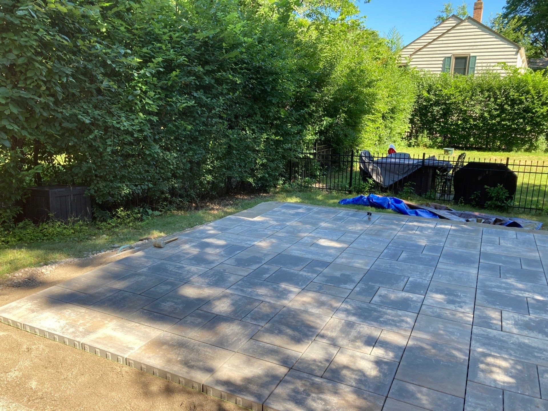 Patio with gray pavers beside dense green shrubs and a covered grill in a sunny backyard