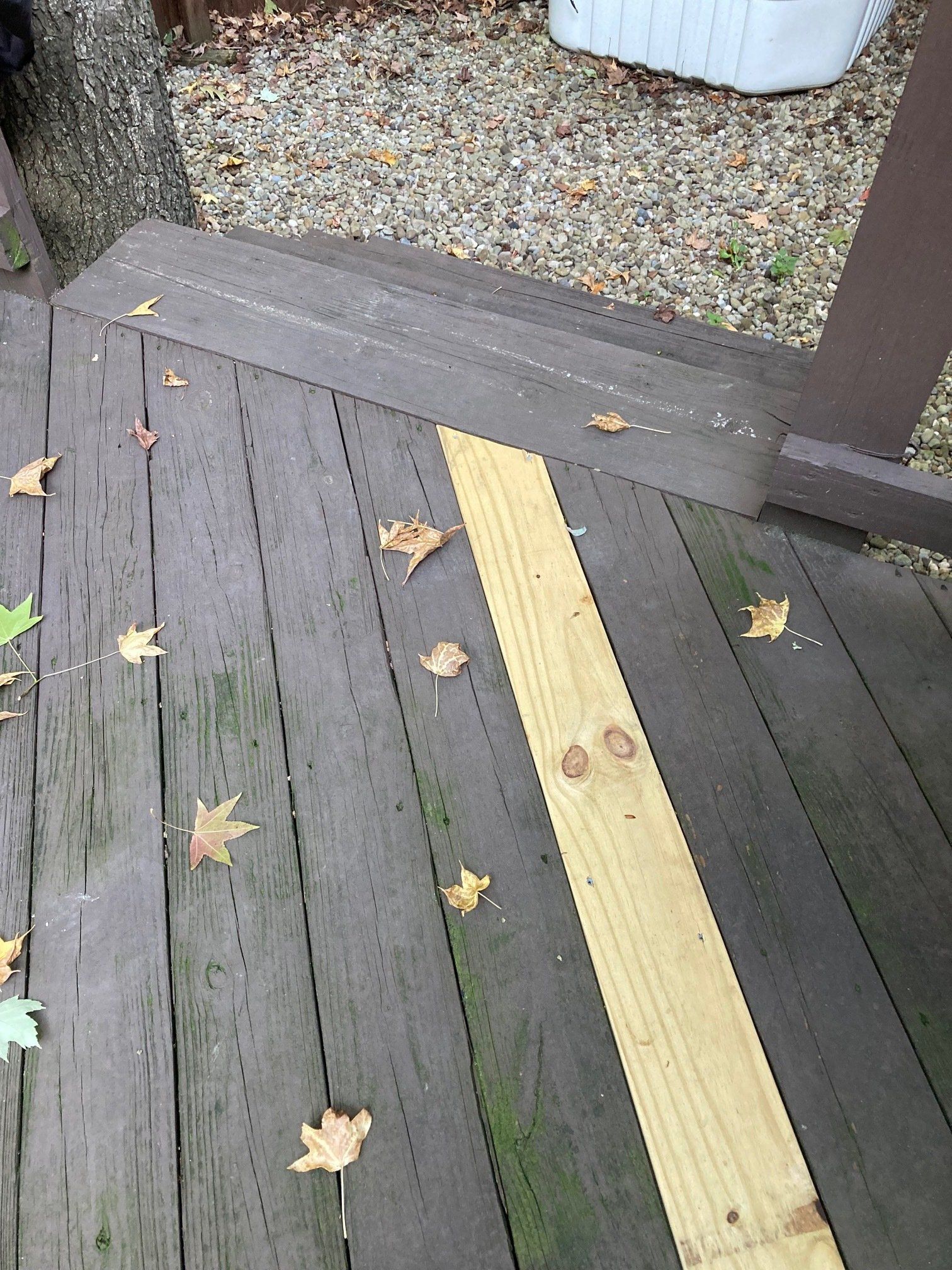 Weathered wooden deck with a light-colored replacement board and scattered fallen leaves