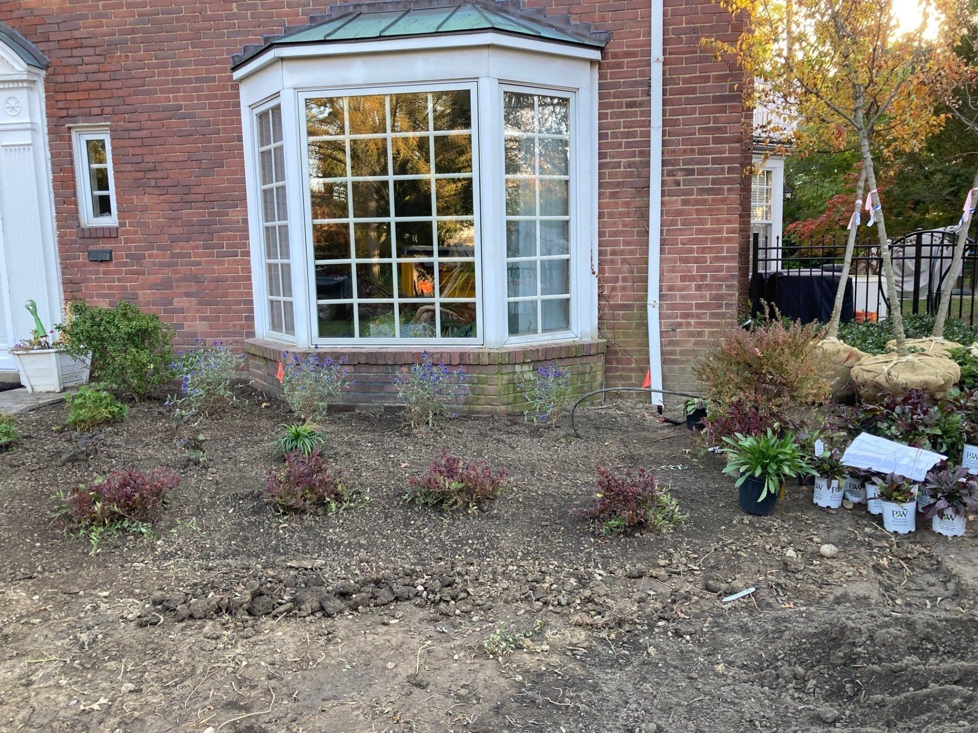 Brick house bay window with a newly planted front garden and potted flowers along the wall