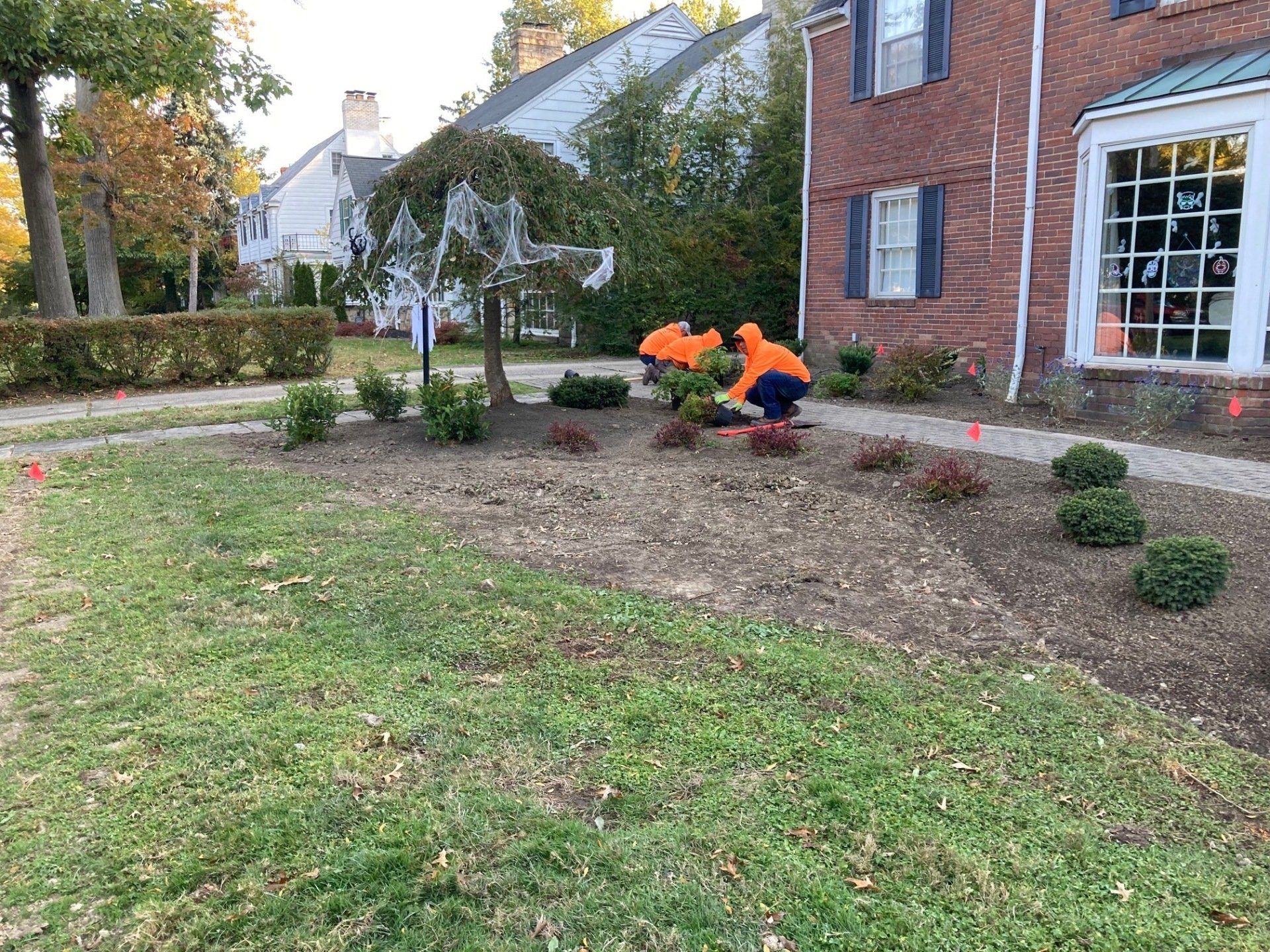 Two workers in orange vests planting shrubs beside a brick building and lawn.