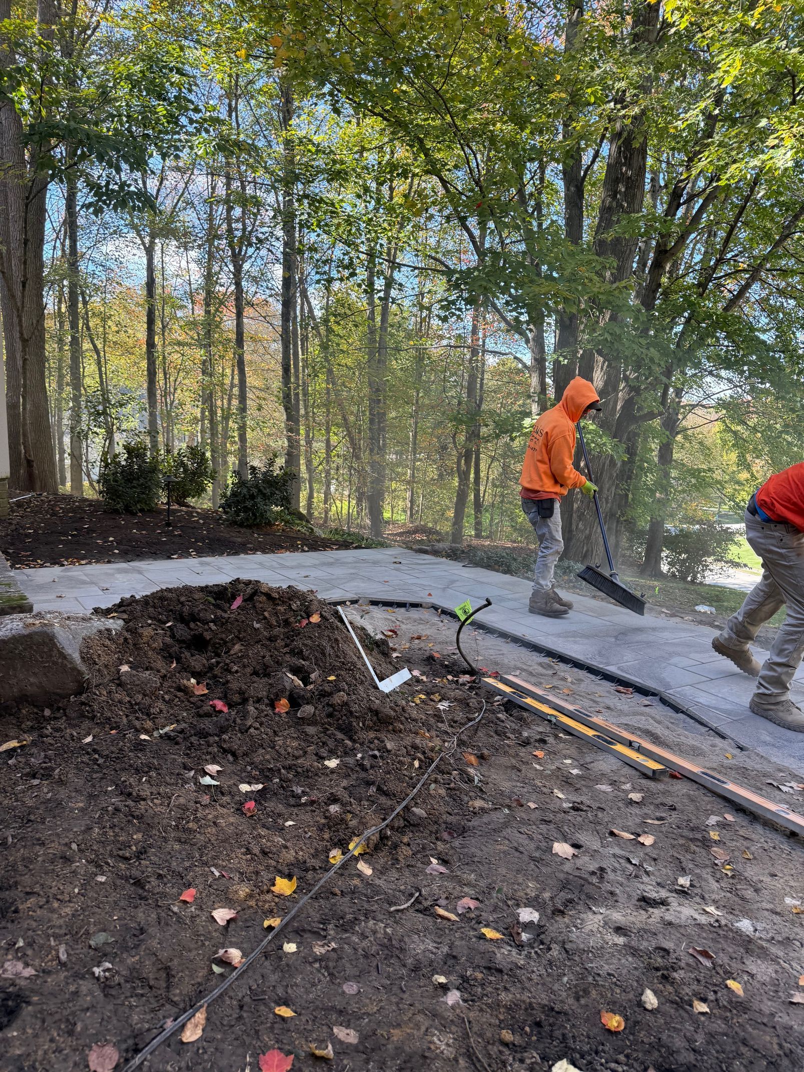 Workers in orange vests clearing debris along a wooded path