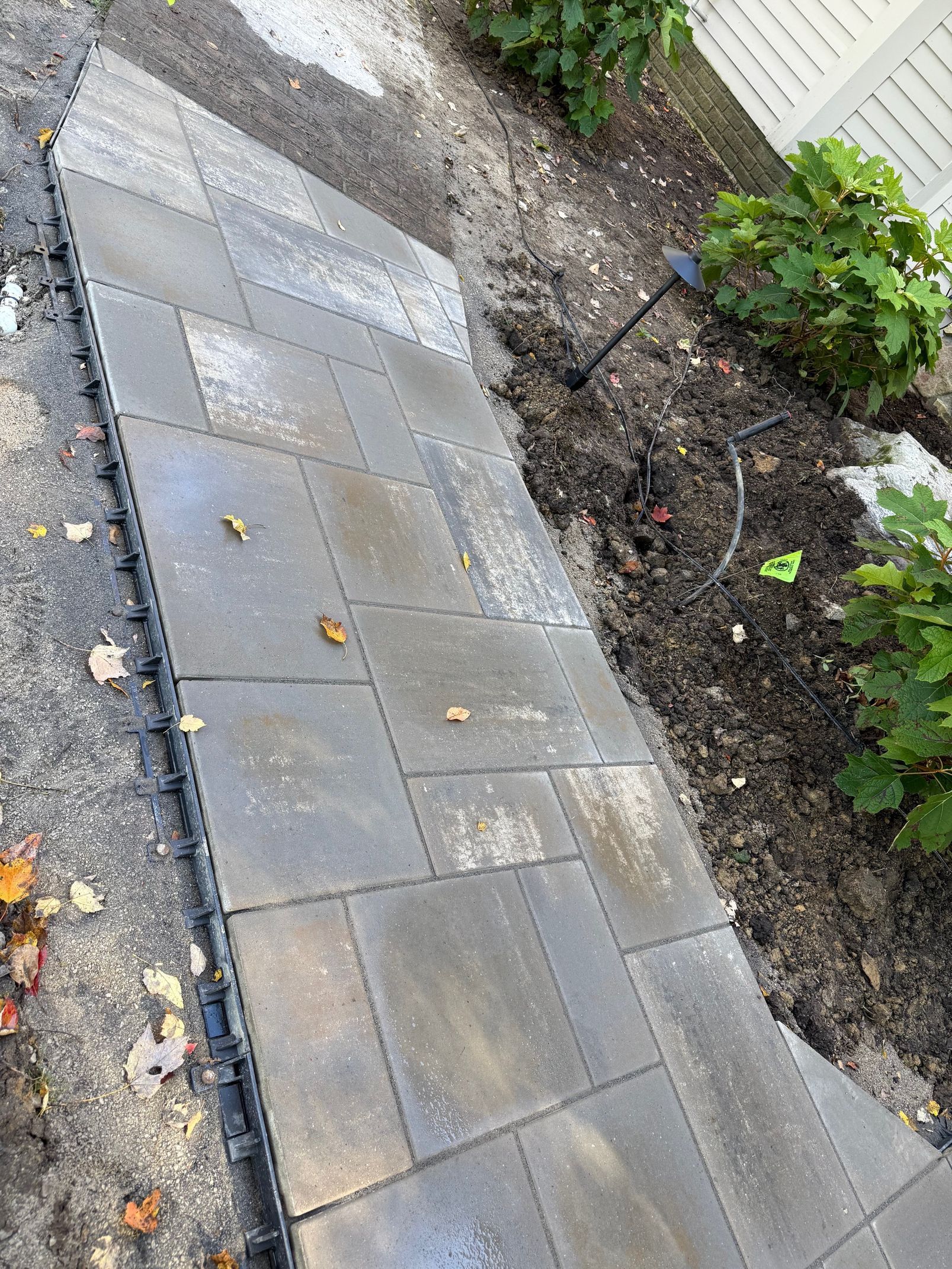Paved sidewalk beside a mulched garden bed with small green shrubs and scattered leaves.