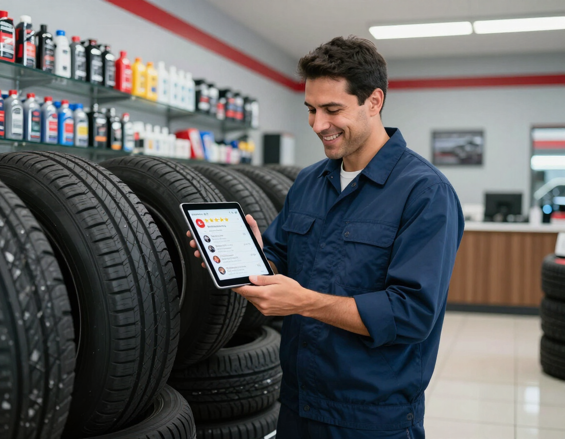 Tire shop owner reviewing five star customer reviews
