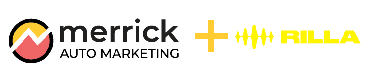 Merrick Auto Marketing plus Rilla logos with a yellow waveform icon on a white background