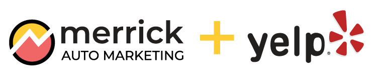 Merrick Auto Marketing logo beside Yelp logo with red starburst icon